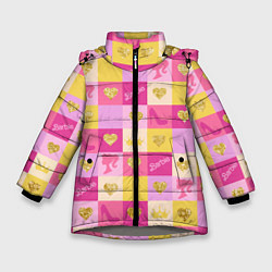 Куртка зимняя для девочки Барби: желтые и розовые квадраты паттерн, цвет: 3D-светло-серый