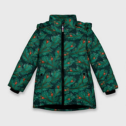 Куртка зимняя для девочки Еловые ветки паттерн, цвет: 3D-черный