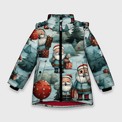 Куртка зимняя для девочки Рождественский узор с Санта Клаусами, цвет: 3D-красный