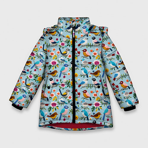 Зимняя куртка для девочки Вязаные птички паттерн / 3D-Красный – фото 1