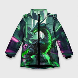 Куртка зимняя для девочки Неоновый зеленый дракон, цвет: 3D-черный