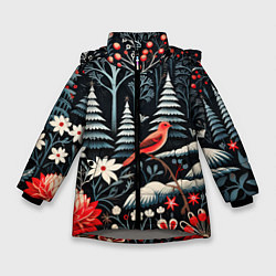 Куртка зимняя для девочки Новогодний лес и птицы, цвет: 3D-светло-серый
