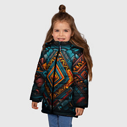 Куртка зимняя для девочки Орнамент с оранжевыми и синими ромбами, цвет: 3D-черный — фото 2