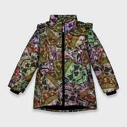 Куртка зимняя для девочки Череп с короной паттерн, цвет: 3D-черный
