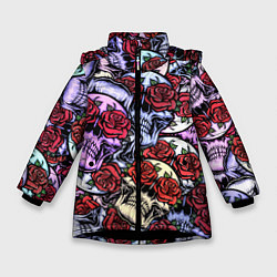 Куртка зимняя для девочки Череп розы в глазах паттерн, цвет: 3D-черный