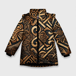 Куртка зимняя для девочки Асимметричный узор в викингском стиле, цвет: 3D-черный