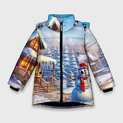 Куртка зимняя для девочки Новогодняя деревня и снеговик, цвет: 3D-черный