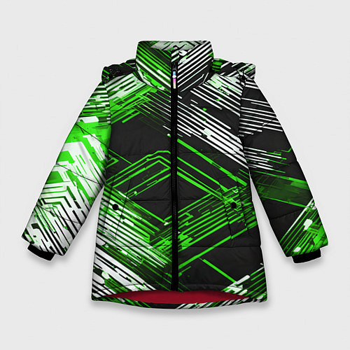 Зимняя куртка для девочки Киберпанк линии белые и зелёные / 3D-Красный – фото 1