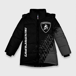 Куртка зимняя для девочки Lamborghini speed на темном фоне со следами шин ве, цвет: 3D-черный