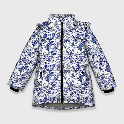 Куртка зимняя для девочки Белый с синими пёрышками, цвет: 3D-светло-серый