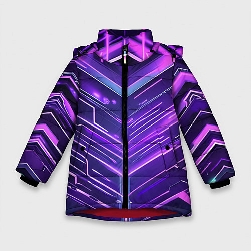 Зимняя куртка для девочки Фиолетовые неон полосы киберпанк / 3D-Красный – фото 1