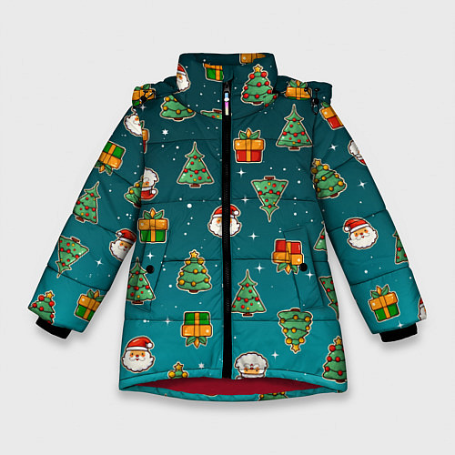 Зимняя куртка для девочки Подарки новогодние елки и Санта - паттерн градиент / 3D-Красный – фото 1