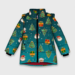 Зимняя куртка для девочки Подарки новогодние елки и Санта - паттерн градиент