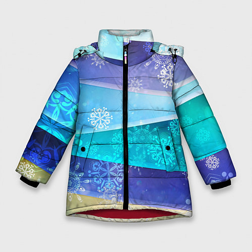Зимняя куртка для девочки Абстрактный синий волнистый фон со снежинками / 3D-Красный – фото 1