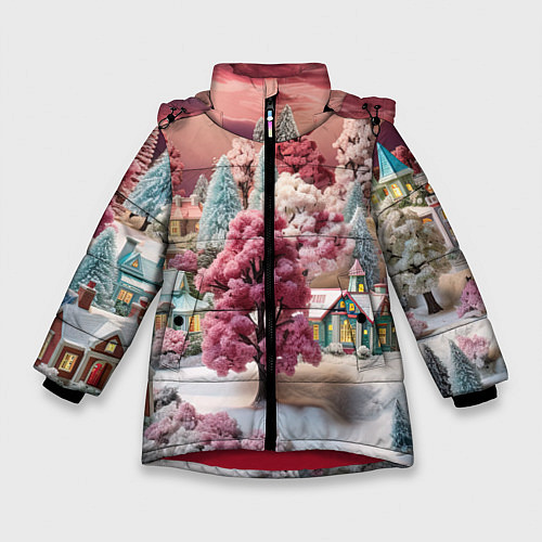 Зимняя куртка для девочки Зимний закат новый год / 3D-Красный – фото 1