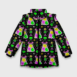 Куртка зимняя для девочки Цветные инопланетные существа, цвет: 3D-черный