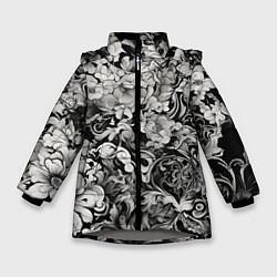 Куртка зимняя для девочки Чёрно белый цветочны узор, цвет: 3D-светло-серый