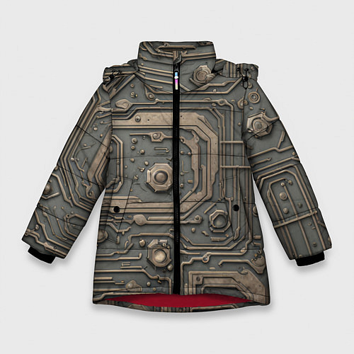 Зимняя куртка для девочки Металлическая ржавая обшивка с микросхемами и гайк / 3D-Красный – фото 1
