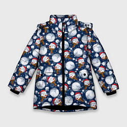 Куртка зимняя для девочки Весёлые снеговики - паттерн, цвет: 3D-черный