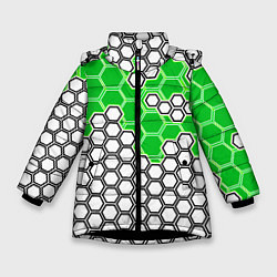 Куртка зимняя для девочки Зелёная энерго-броня из шестиугольников, цвет: 3D-черный