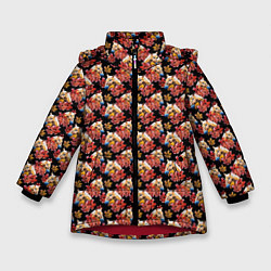 Куртка зимняя для девочки Лошади и цветы на чёрном фоне, цвет: 3D-красный