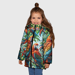 Куртка зимняя для девочки Попугаи Ара - тропики джунгли, цвет: 3D-черный — фото 2