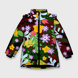 Куртка зимняя для девочки Гавайская цветочная расцветка, цвет: 3D-черный