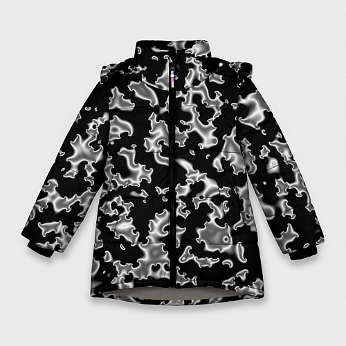Зимняя куртка для девочки Капли жидкого металла - камуфляж на чёрном / 3D-Светло-серый – фото 1