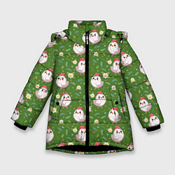 Куртка зимняя для девочки Курица и цветы паттерн, цвет: 3D-черный