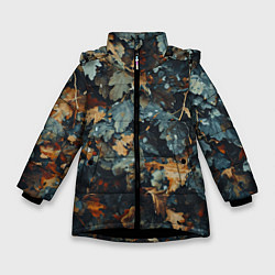 Куртка зимняя для девочки Реалистичный камуфляж из сухих листьев, цвет: 3D-черный