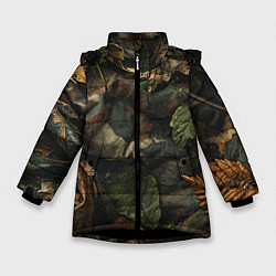 Куртка зимняя для девочки Реалистичный охотничий камуфляж из ткани и листьев, цвет: 3D-черный