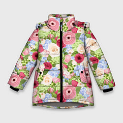 Куртка зимняя для девочки Фон с розами, лютиками и гортензиями, цвет: 3D-светло-серый