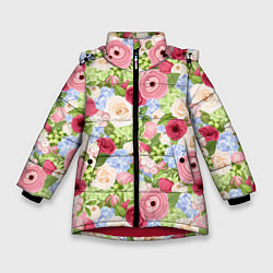 Куртка зимняя для девочки Фон с розами, лютиками и гортензиями, цвет: 3D-красный