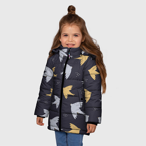 Зимняя куртка для девочки Узор с птицами / 3D-Светло-серый – фото 3