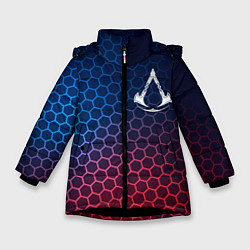 Куртка зимняя для девочки Assassins Creed неоновые соты, цвет: 3D-черный