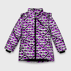 Куртка зимняя для девочки Фиолетово-белый узор на чёрном фоне, цвет: 3D-черный