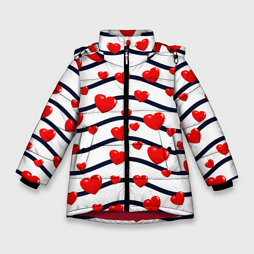 Зимняя куртка для девочки Сердца на линиях / 3D-Красный – фото 1