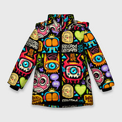 Куртка зимняя для девочки Feel good every day motivation monsters pattern, цвет: 3D-черный