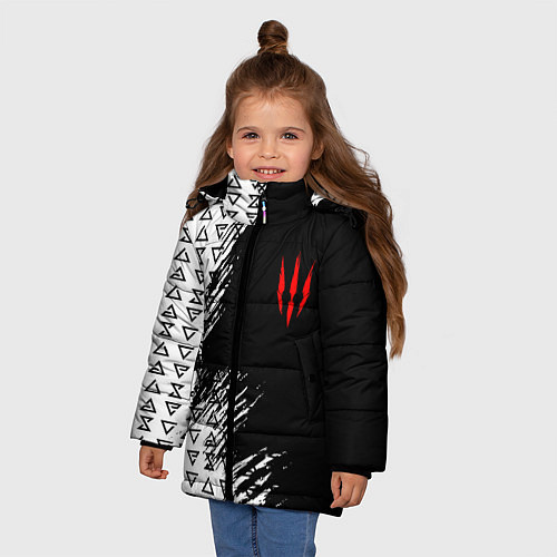 Зимняя куртка для девочки Знаки ведьмака штриховкой / 3D-Светло-серый – фото 3