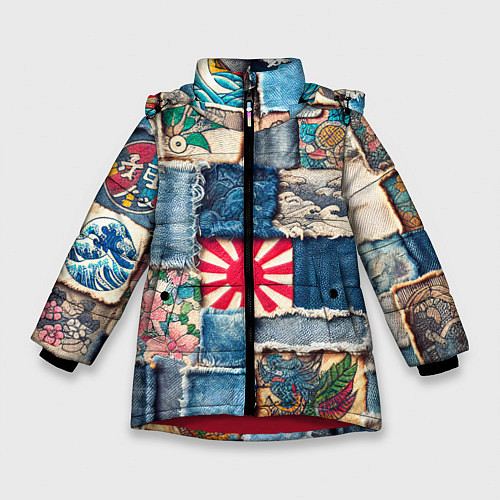 Зимняя куртка для девочки Японское художество пэчворк / 3D-Красный – фото 1
