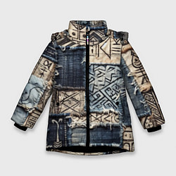 Куртка зимняя для девочки Геометрия на пэчворк дениме, цвет: 3D-черный
