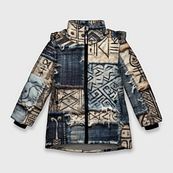 Куртка зимняя для девочки Геометрия на пэчворк дениме, цвет: 3D-светло-серый