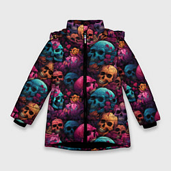 Куртка зимняя для девочки Поле яркий черепов и цветов, цвет: 3D-черный