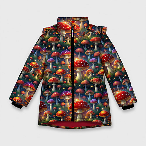 Зимняя куртка для девочки Красные мухоморы в лесу паттерн / 3D-Красный – фото 1