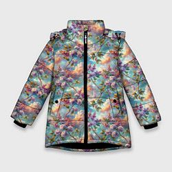 Куртка зимняя для девочки Объемная сирень паттерн, цвет: 3D-черный