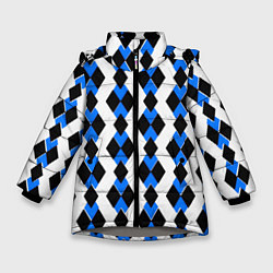 Куртка зимняя для девочки Чёрные и синие ромбы на белом фоне, цвет: 3D-светло-серый