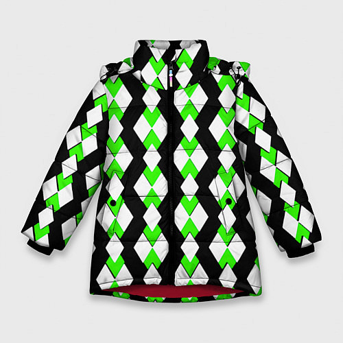 Зимняя куртка для девочки Зелёные и белые ромбы на чёрном фоне / 3D-Красный – фото 1