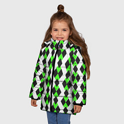 Куртка зимняя для девочки Чёрные и зелёные ромбы на белом фоне, цвет: 3D-красный — фото 2