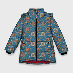 Куртка зимняя для девочки Цветочный узор в стиле бохо на синем, цвет: 3D-красный