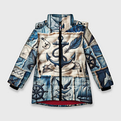 Куртка зимняя для девочки Пэчворк с якорем - джинсовка моряка, цвет: 3D-красный